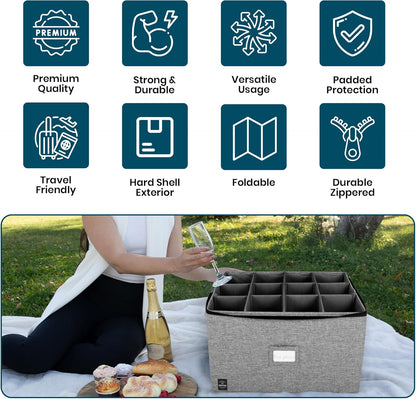 Wine Glass Storage, Holds 12 Stemware Glasses, Stackable, Fully-Padded Inside with Hard Top and Sides (Grey)