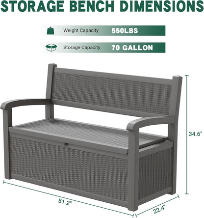 70 Gallon Outdoor Storage Box, Resin Patio Furniture with Armrest, Lockable Deck Box with Waterproof and UV Resistant for Patio Cushions, Garden Tools and Pool Supplies, Grey