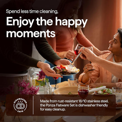 Luciella Ponza Flatware Set for 12, 65-Piece Stainless Steel Silverware Set with Serving Utensils, Timeless Hammered Design, Rust-Resistant, Mirror Polished & Dishwasher Safe