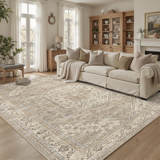 DCX Machine Washable Brown and Beige Area Rug 5x7, Non Slip Stain Resistant Vintage Floral Rug for Living Room Bedroom Nursery, Soft Low Pile Large Carpet