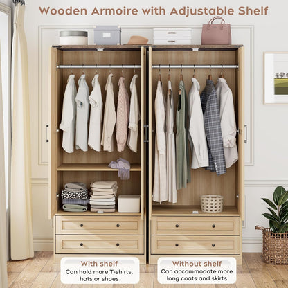 Brafab Armoire Wardrobe Closet with 2 Modern Doors Set of 2, 71" Tall Freestanding Closet Wardrobe Cabinet with Drawers and Hanging Rail, Wooden Storage Cabinet with Shelve for Bedroom,Natural