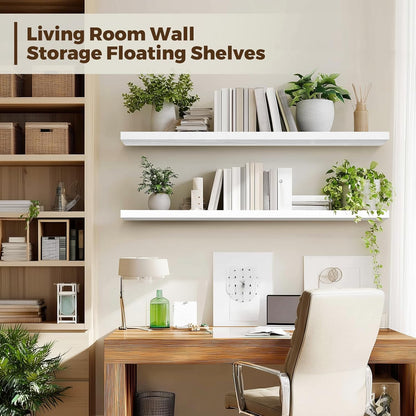 Floating Wall Shelves 2-Pack - 36-Inch Rustic White Wooden Shelves for Storage and Décor, Easy Installation for Living Room, Bedroom, and Kitchen