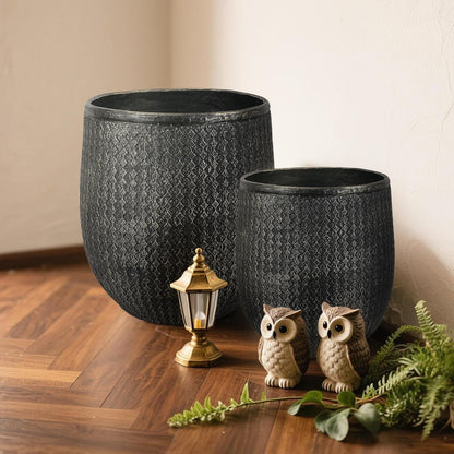 Worth Garden Large Round Planters Set of 2 (14.5"x17.5" & 12" x15“) - Lightweight Magnesium Oxide Cement Plant Pot with Texture - Concrete Look with Drainage Hole – Indoor & Outdoor Use - Black Gold