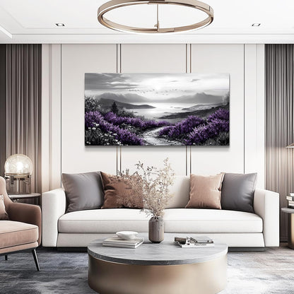 KELIYUAN Black And White Home Decoration Canvas Wall Art For Restaurant Natural Landscape Painting Printing Landscape Purple Grass Picture Suitable For Living Room Bedroom Office Wall Decor 20x40In
