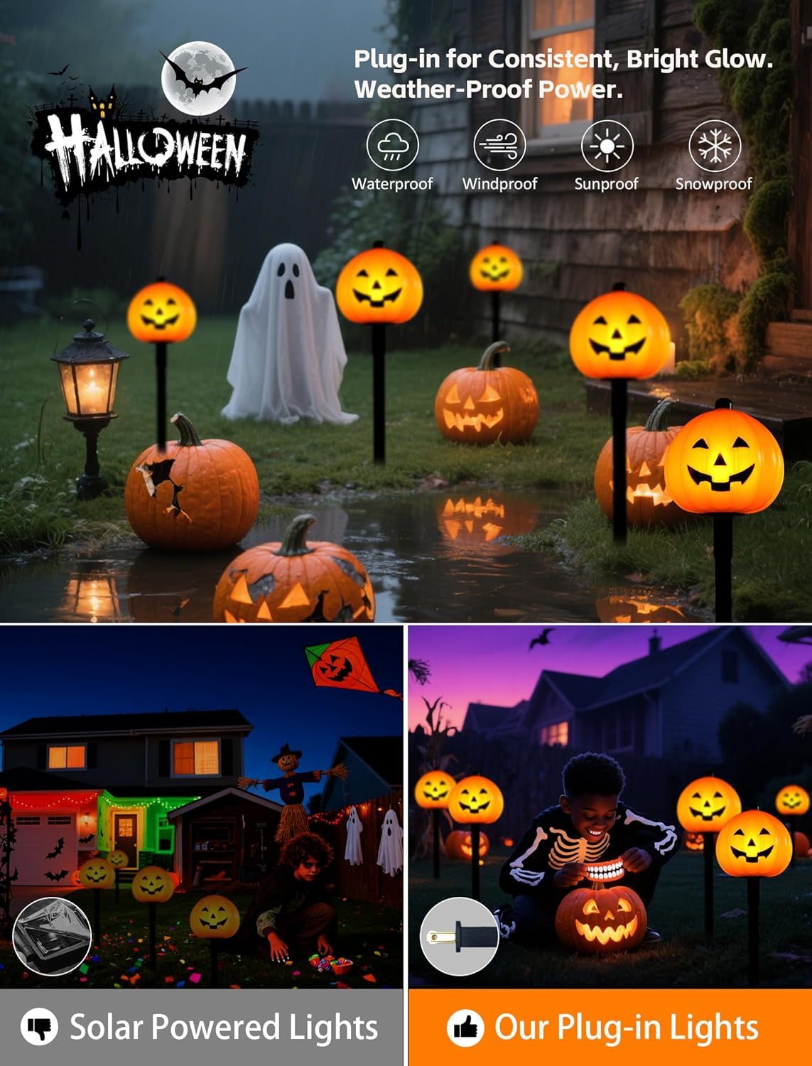 Classic Halloween Charm: 5 Pack Plug-in Pumpkin Pathway Lights Outdoor, Waterproof Jack o' Lantern Garden Stakes with Warm C7 Bulbs for Walkway & Yard Decor