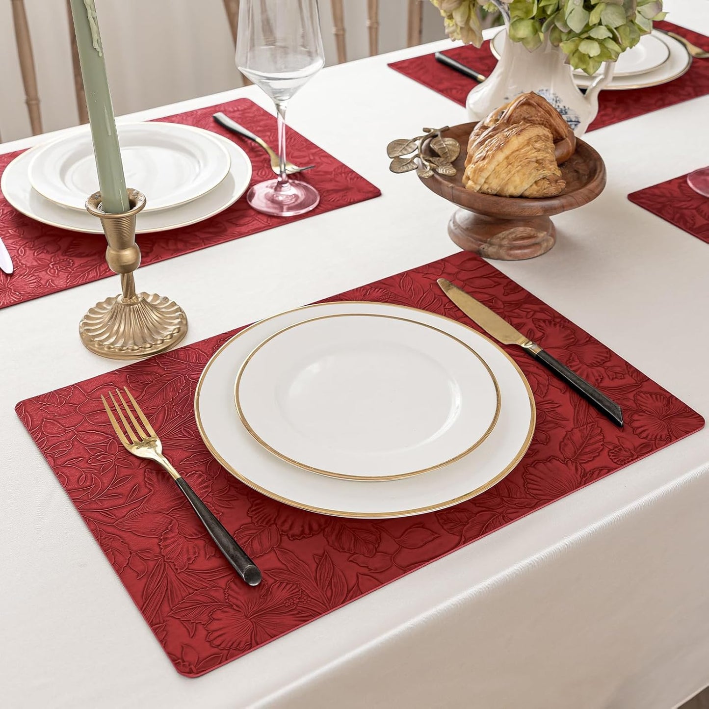 Romanstile Vinyl Placemats Set of 4-12 X 18 Inch - Heat Resistant Non-Slip Embossed Floral Place Mats 100% Waterproof Oilproof Wipeable Faux Leather Table Mats for Kitchen/Dining/Party, Red
