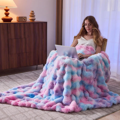 Lotus Karen Faux Fur Throw Blanket Tie-Dye Purple Rainbow - Big Bubble Rabbit Fluff Blanket for Couch, Small Fluffy Fuzzy Cozy Blanket,Thick Furry Plush Shaggy Blankets,60x80 Inches