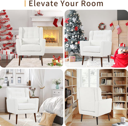 Modern Accent Chair, Upholstered Armchair with Pillow, Teddy Single Sofa Chair with Lounge Seat and Wood Legs Accent Chair for Living Room Bedroom Small Spaces