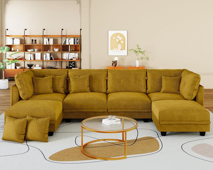 LLappuil Modular Sectional Sofa with Storage Seats, Corduroy Convertible Modular U Shaped Sectional Couch for Living Room, 6 Seat Oversized Sofa with 6 Back Cushion 6 Throw Pillow, Yellow