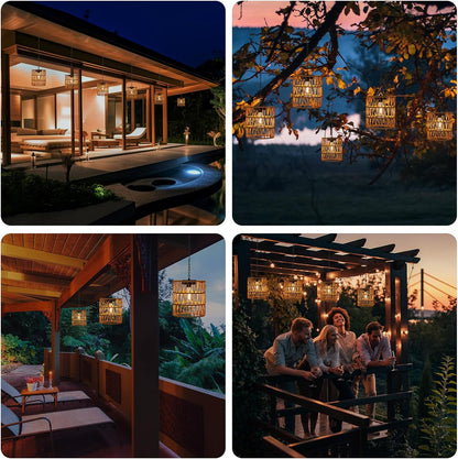 Livinlarge Solar Chandelier Lantern,Outdoor Rattan Pendant Lights,Waterproof Boho Hanging Lamps with Edison Bulb for Gazebo Tree Porch Yard Porch Patio Garden Backyard Decor