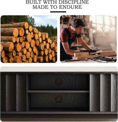 Black Mid Century Modern TV Stand, Wood Fluted Living Room TV Stands with Storage Sliding Doors, Desert-Inspired Design MCM Entertainment Center for 55 60 65 70 75 55+ 60+ 65+ 70+ Inch