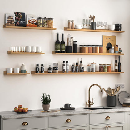 Heimlove Picture Ledge Shelf, Small Floating Shelves Set of 2, 16 Inches Picture Shelf for Wall with Ledge, Kids Bookshelf Wall Mounted for Living Room Bedroom Decor Books Photo Frames, Oak