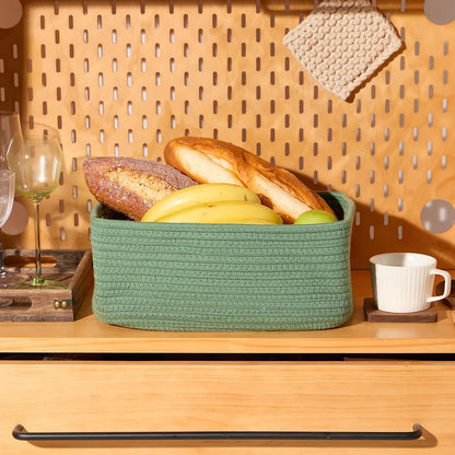 Small Storage Baskets for Organizing | Closet Organizer Bins | Shelf Toy Basket | Woven Rope Baskets | Cube Decorative Box | Shallow Basket | 13x8.5x5.1” | 3 Packs Green