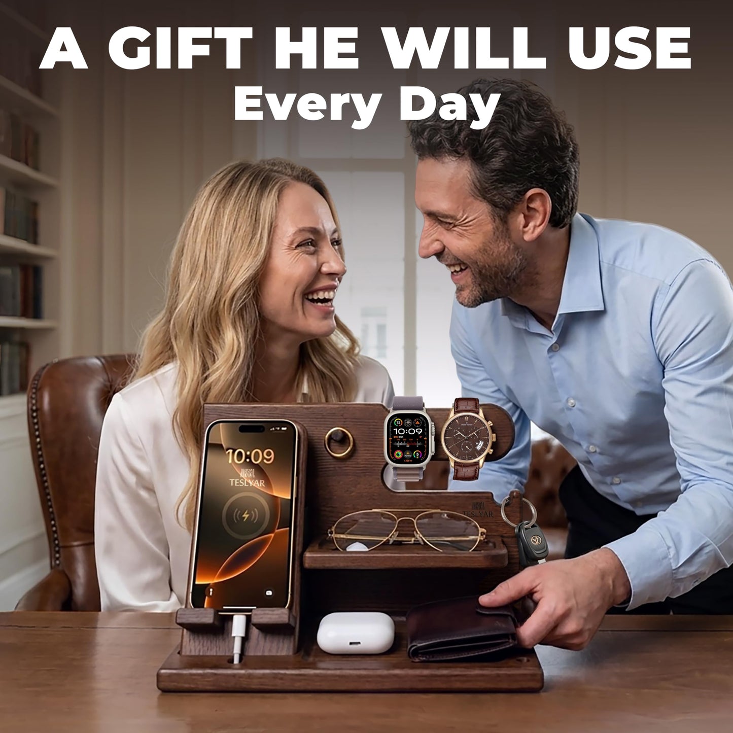 TESLYAR Wood Phone Docking Station for Men - Desk or Nightstand Organizer - Birthday Gifts for