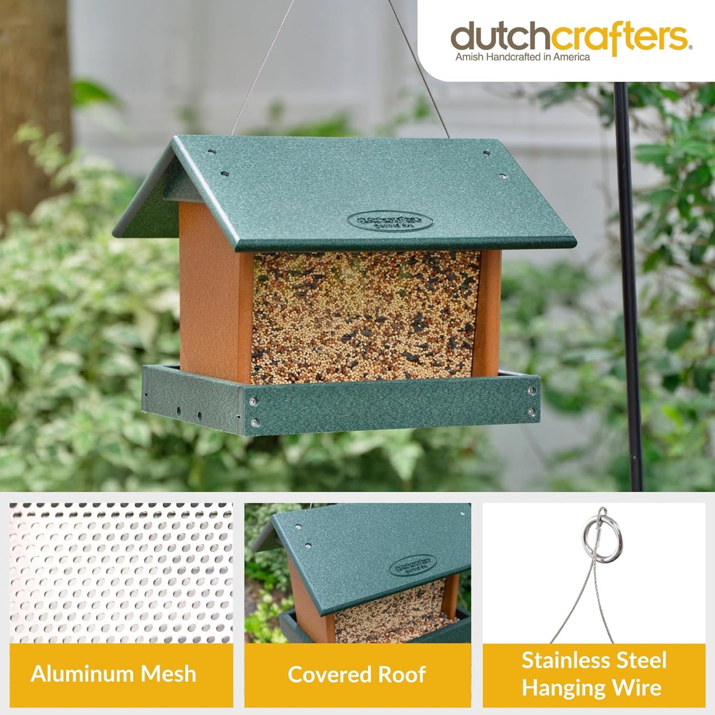 Poly Hanging Hopper Bird Feeder, Large Hanging Bird Feeder for Outside, Outdoors - Amish American Made (Turf Green & Cedar)