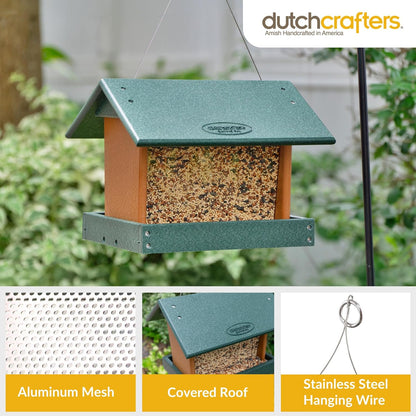 Poly Hanging Hopper Bird Feeder, Large Hanging Bird Feeder for Outside, Outdoors - Amish American Made (Turf Green & Cedar)