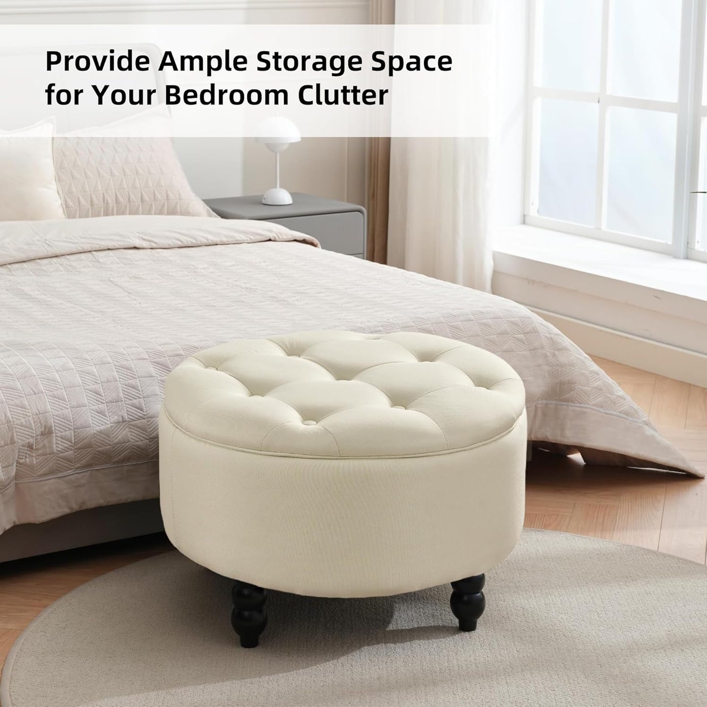 Fabric Round Ottoman with Storage, Upholstered Tufted Storage Footstool, Modern Wooden Coffee Table for Living Room, Bedroom, Beige