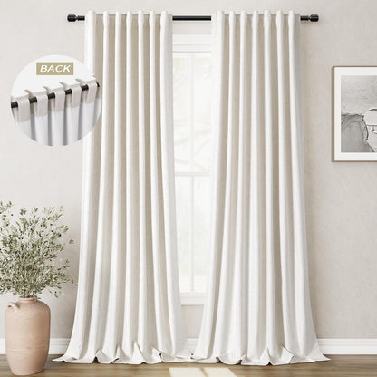 100 Inch Black Out Curtains 2 Panels Set Back Tab Thermal Insulated Natural Linen Textured Blackout Curtains Noise Reducing Cream Colored Neutral Living Room Darkening Window Drapes Pleated 52x100