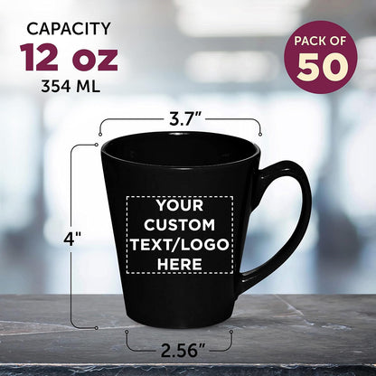 DISCOUNT PROMOS Custom Glossy Ceramic Latte Coffee Mug 12 oz. Set of 50, Personalized Bulk Pack - Perfect for Tea, Espresso, Cappuccino, Hot Cocoa - Black
