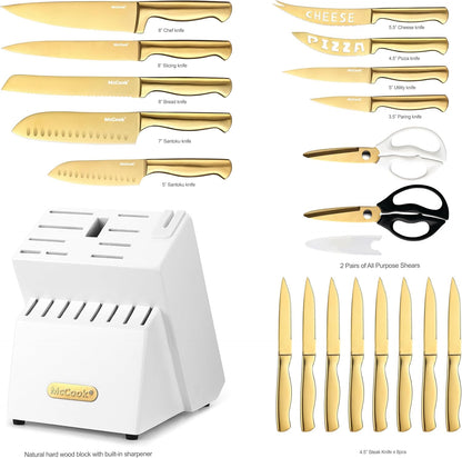 McCook® Kitchen Knife Sets, Golden Titanium Stainless Steel Knives Block Set with Built-in Sharpener