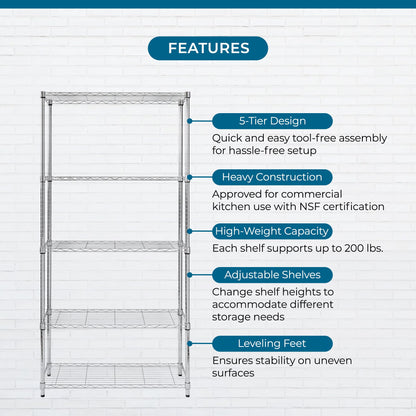 Honey-Can-Do 5-Tier Heavy Duty Adjustable Shelving Unit, 200-lb Per Shelf NSF Certified Metal
