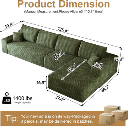 136" Sectional Couches for Living Room Modern Modular Sofa with L-Shape Couchs Upholstered Boneless Couch Deep Seat Sectional Couch with Chaise (Green, Right Facing Chaise+3Seaters)