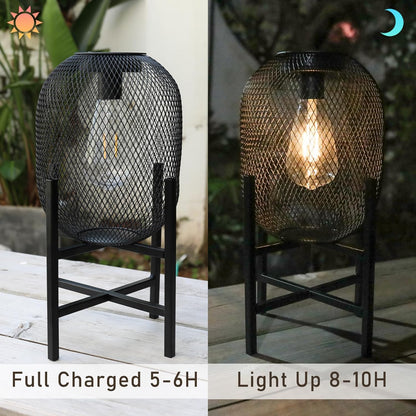 Solar Mesh Lantern Outdoor – 13.8" Tall Black Metal Patio Light with Edison Glass Bulb, Solar Powered Warm Glow LED, Waterproof IP65 for Garden, Porch, Deck, Tabletop Decor
