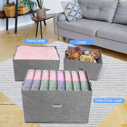 Large Linen Fabric Foldable Storage Bins with Removable Lid and Handles, Washable Storage Box Organizer Containers Baskets Cube with Cover for Bedroom,Closet,Office,Nursery (Grey, XXL)