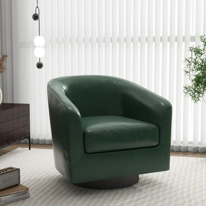 Swivel Barrel Accent Chair, Modern Round Faux Leather Arm Chair for Living Room, Bedroom, Comfy Club Reading Chairs for Adults(Faux Leather, Green, Set of 1)