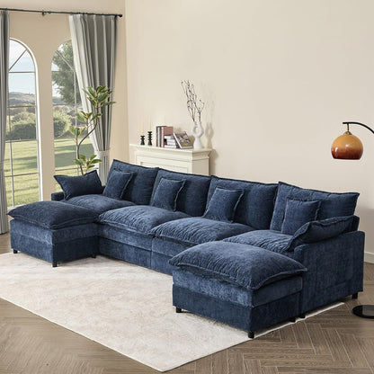142.5" U Shaped Couch, Modular Sectional Sofa, 3-Seater Comfy Cloud Couch with Movable Ottoman, Deep Seat Couches for Living Room, Chenille, Navy
