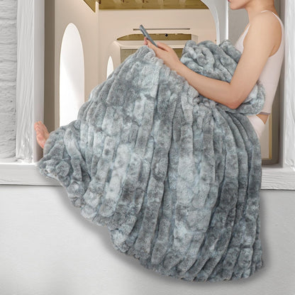 Faux Fur Blanket, Throw Blanket for Couch, Fluffy Blanket with Stretch Ruched Design, Ultra Soft Giftable Home Decor, 50x60 inches, Tie-Dyed in Gray