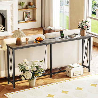SUPERJARE 70 Inch Console Table with Outlets and USB-C Port, Extra Long Behind Couch Sofa Table with X-Shaped Design, Narrow for Entryway, Living Room, Metal Frame, Wooden Top, Grey