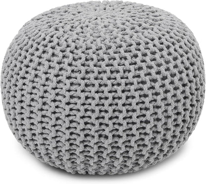 REDEARTH Round Boho Pouf Ottoman - Cable Knitted Cord Boho Pouffe - Stuffed Poof Accent Beanbag Footrest for Living Room - Nursery - Bedroom - Covered Patio - Study Nook (19.5"x19.5"x14") - Gray