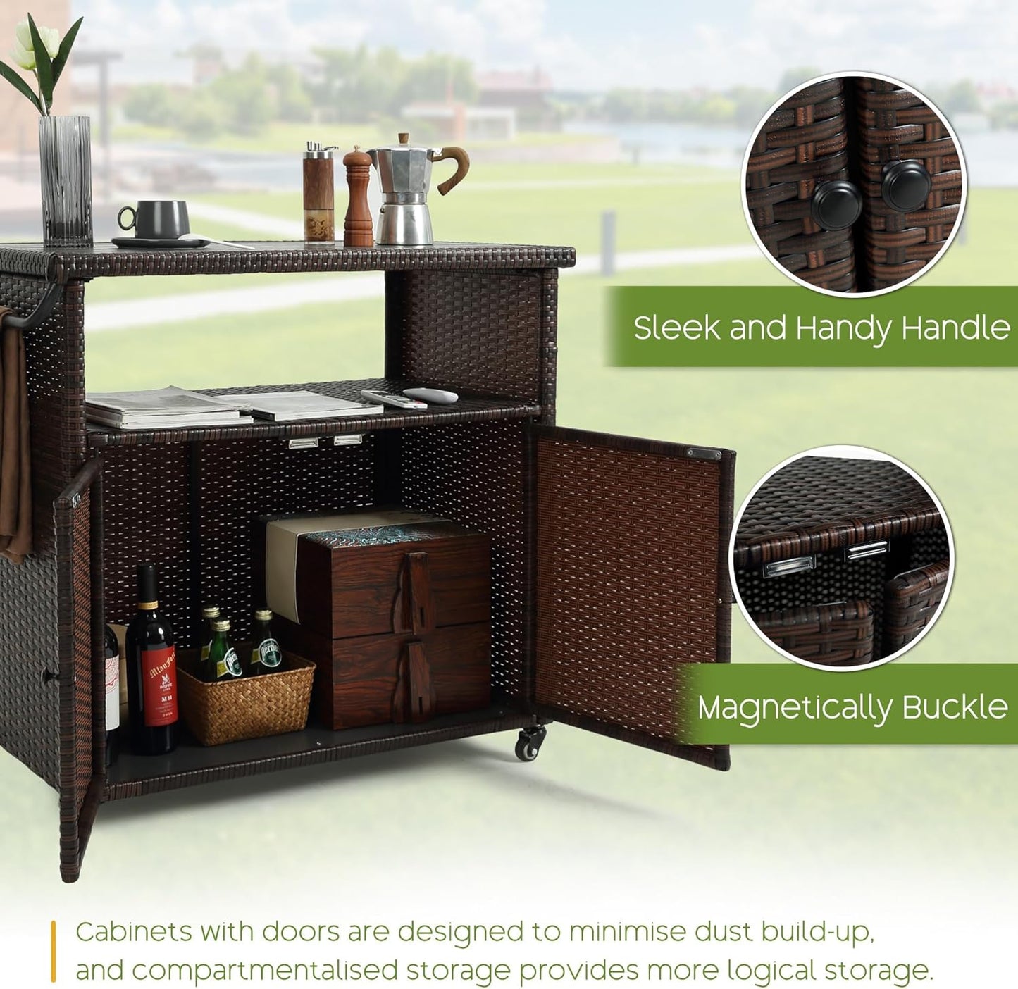 Wicker Outdoor Bar Cart - Brown Patio Console Storage Table Buffet Cabinet Serving Kitchen Cart with Wheels for Outside Backyard