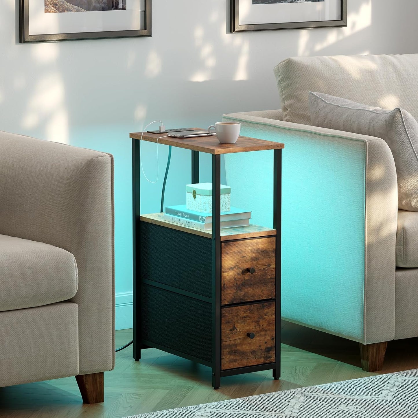 TUTOTAK Small Narrow LED End Table with Charging Station, Side Table Outlets, Nightstand with 2 Cloth Drawers, Couch Table, for Living Room, Bedroom, Bedside, Brown TB01BB085L