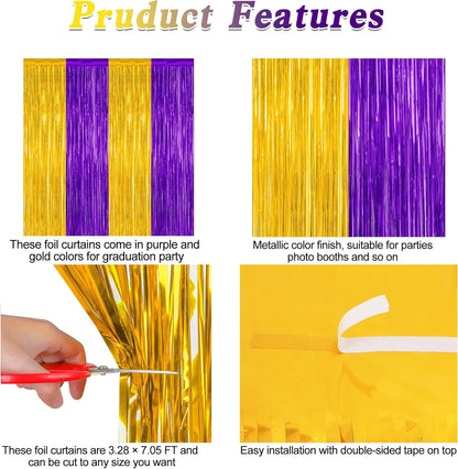 2 Pack Graduation Backdrop, 3.28 FT x 7.05 FT Grad Party Decorations 2025, Purple Gold Backdrop Foil Fringe Curtains, Metallic Purple and Gold Graduation Decorations Class of 2025 Decor