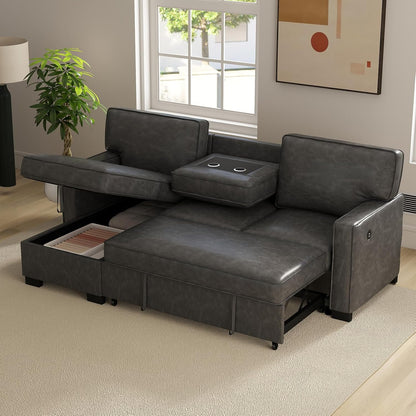 EBELLO Convertible Sleeper Sofa 3 in 1, Faux Leather Modern L-Shaped Couches for Living Room, Pull Out Sectional Futon Sofa Bed with Storage Space, USB Ports and Cup Holders for Bedroom