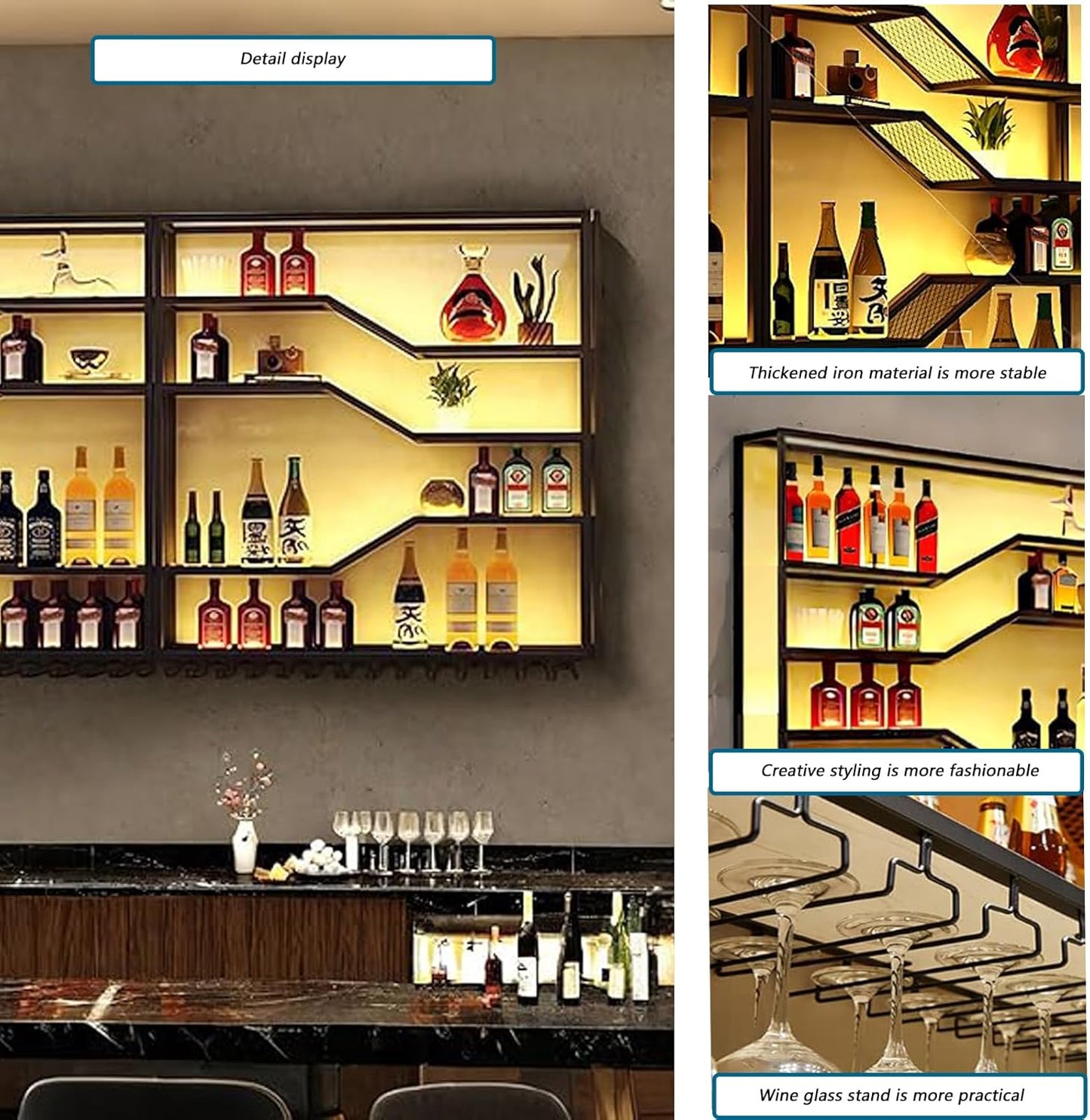 78.8in Wall Mounted Wine Rack with LED Light, 5-Tiers Liquor Bottles Display Shelf with Glasses Holder, Metal Home Bar Shelves with Industrial Iron Frame for Kitchen(Black, 78.8in/6.56ft)