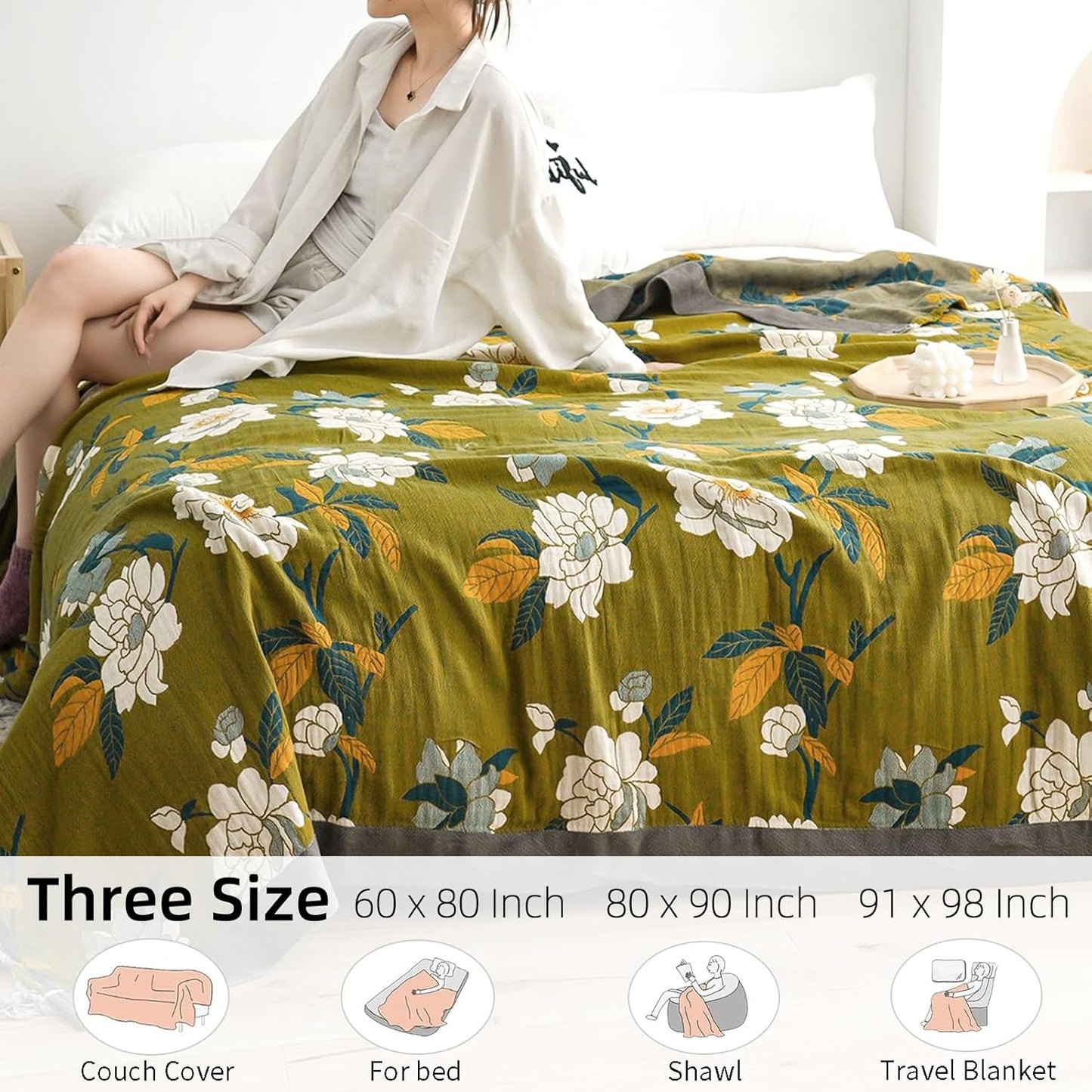 Boho Throw Blanket for Bed - 100% Pure Cotton Ultra Soft Rustic Quilt - Farmhouse Decor Bed Blankets, All Season Rustic Throw for Sofa Couch Chair(60"×80", Flower Branch)