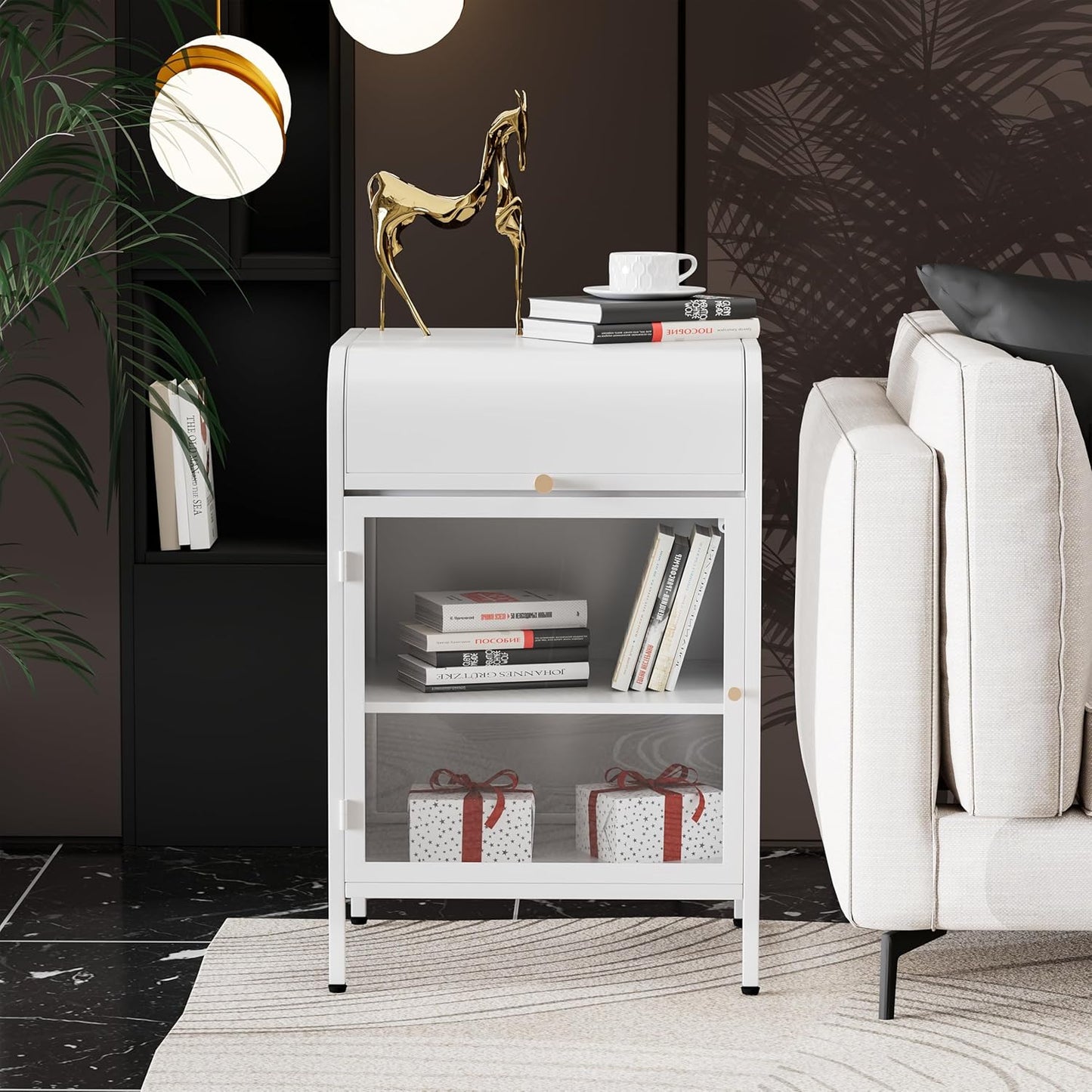 Modern Metal Side Tables, End Tables with Glass Door, 2-Tier Nightstands with Storage Shelves, Accent Table, Slim Sofa Table for Living Room, Bedroom (1, White)