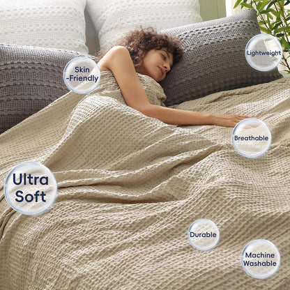 PHF Ultra Soft Waffle Weave Blanket Queen Size 90"x 90"- Washed Lightweight Breathable Cozy Woven Blanket for Bed - Aesthetic Decor for Couch Bedding Sofa Home Car - Khaki