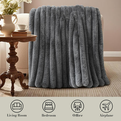 Amélie Home Faux Fur Throw Blanket for Couch, Ultra Cozy Fuzzy Fluffy Fur Luxurious Soft Striped Plush Gift Blankets for Family Sofa Chair Bed Living Room Bedroom, 55"x70", Ionic Wolf Gray
