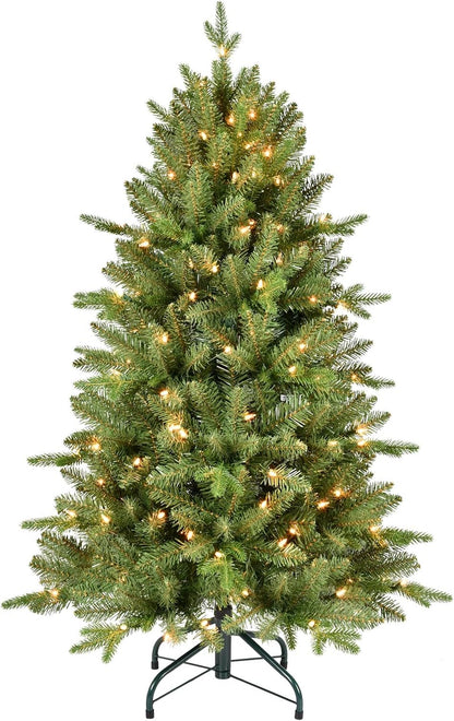 4FT Pre-Lit Artificial Christmas Tree with 628 PE&PVC Mixed Branch Tips, 200 Warm White Lights, Hinged Premium Spruce Fake Xmas Trees, Green, Foldable Base