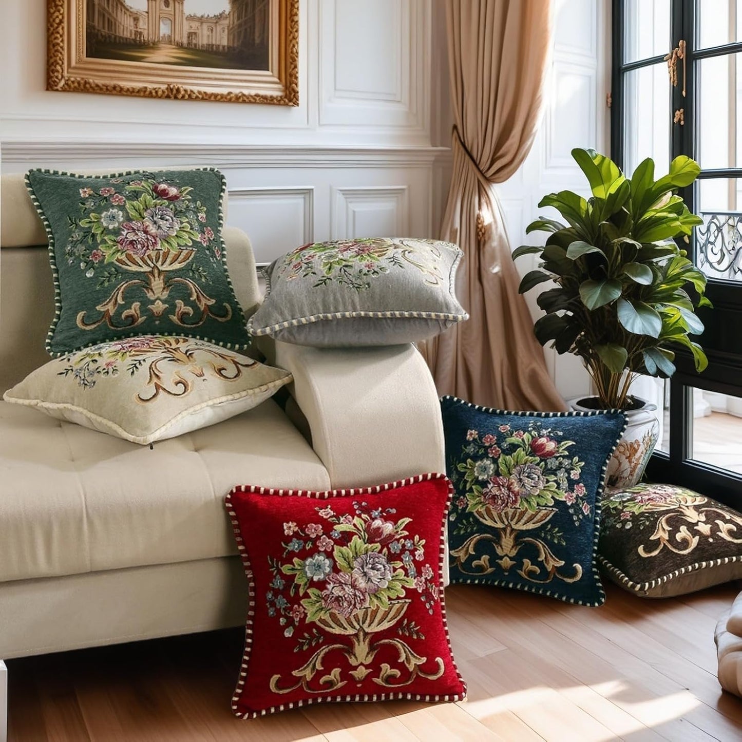 Set of 2 Red Vintage Embroidered Throw Pillows Covers 18x18in Sofa Couch,Red Floral Embroidered Cushion Cover for Sofa Bed Chairs Car