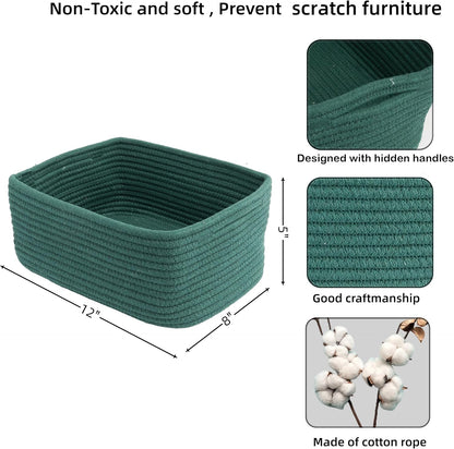 Small Woven Storage Baskets 12“X8”X5“ Decorative Rope Bins for Organizing Shelves, Closets, and Toys, Empty Gift Baskets, Cute Organizer Basket for Home and Office (dark green, regular)