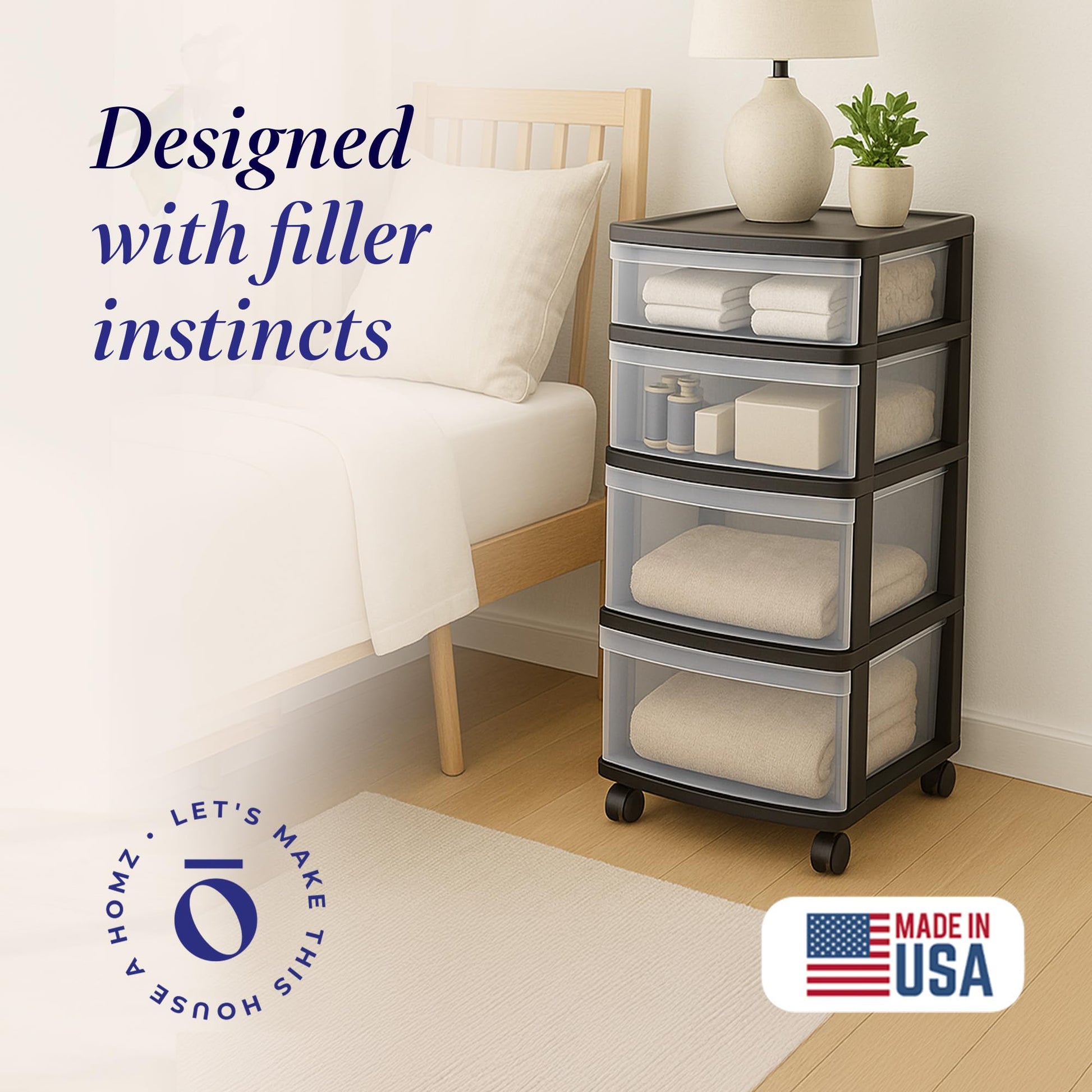 HOMZ Drawer Tower, 4-Tier Clear Plastic Storage Organizer Cart, Black Frame - Rolling Drawers with