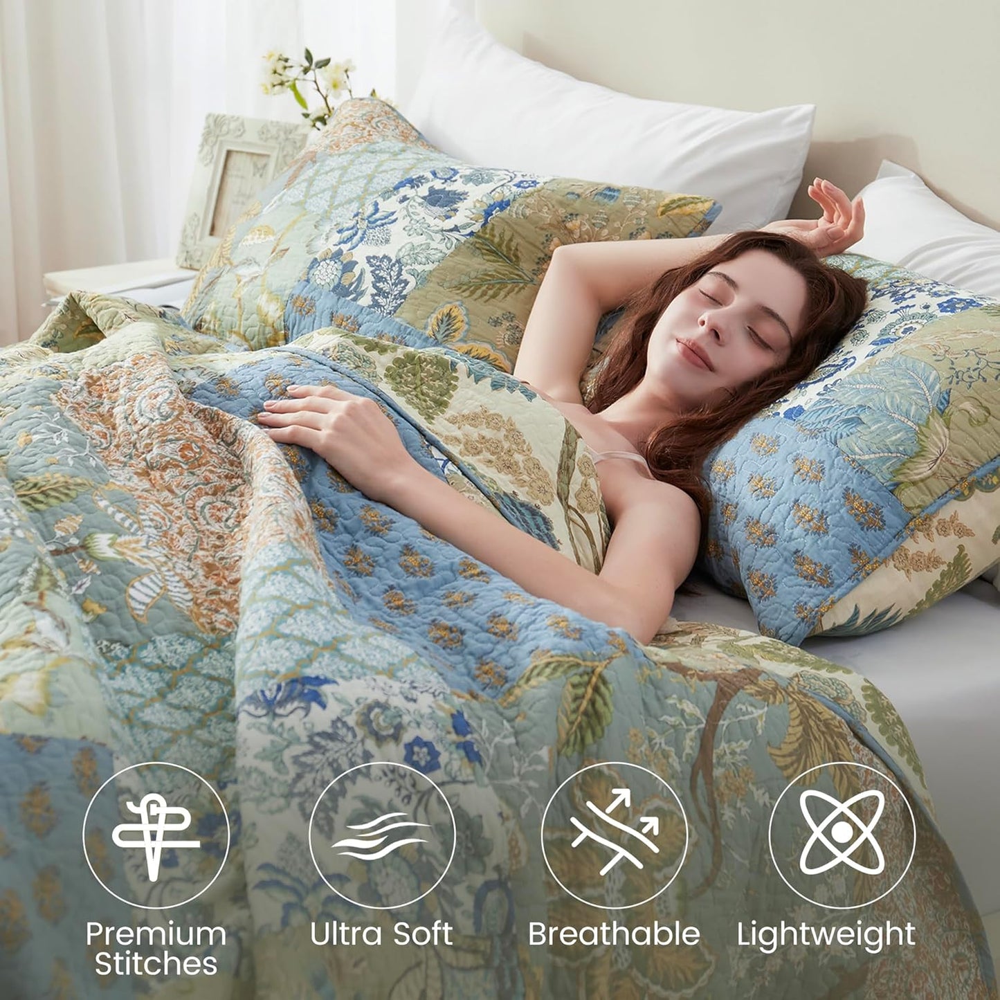 NEWLAKE Quilt Set California King Size, 100% Cotton Patchwork Green Bohemian Quilt Sets, Reversible Bedspread Lightweight and Breathable for All Seasons, Soft Quilted Bedspread with 2 Pillow Shams