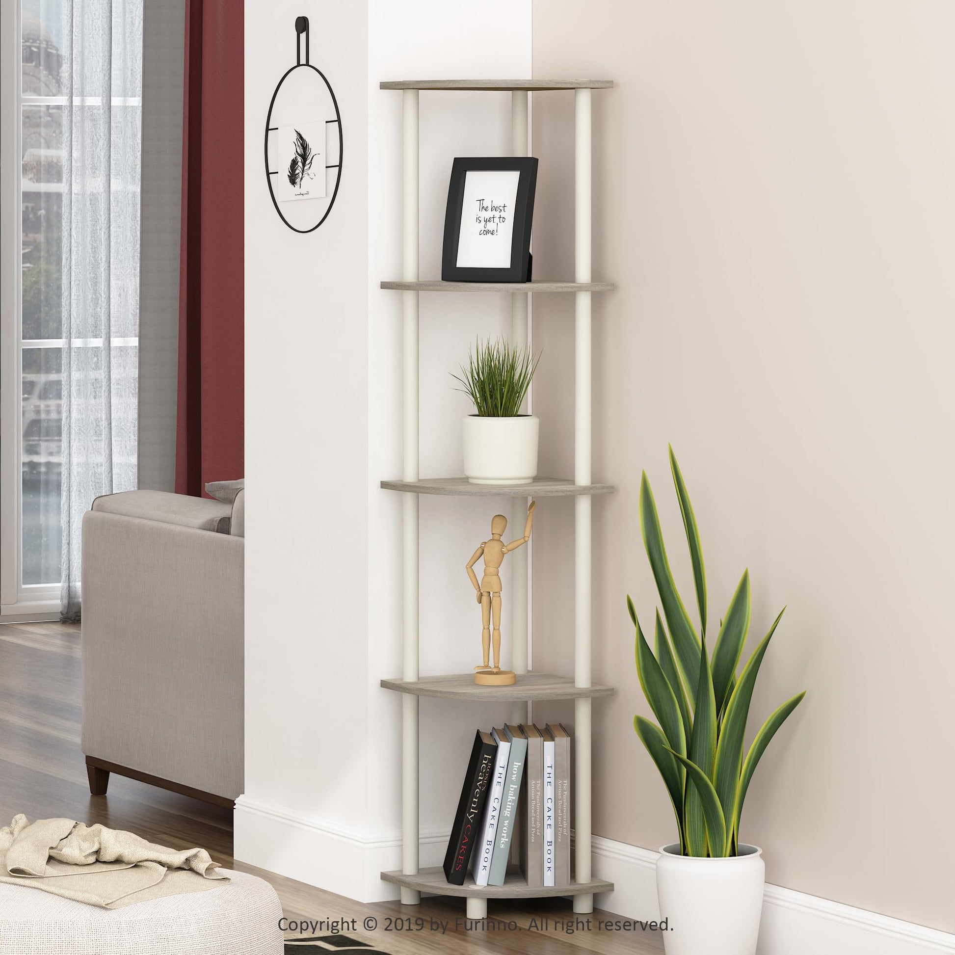 Furinno TURN-N-TUBE Corner Shelf, 5-Tier Corner Bookshelf, Open Storage Shelves, for Organization