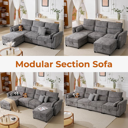 103'' Modular Sectional Sofa, L Shaped Comfy Cloud Couch with Storage,4-Seat Convertible Modern Deep Seat Sofa with Throw Pillows for Living Room, Grey