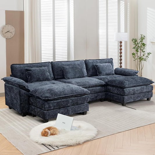 URRED Modular Sectional Sofa Comfy Cloud Couch, Modern Chenille Sofa Sleeper Deep Seat Couches with Ottoman/Pillows for Living Room (Blue, 117'' - U Shape)